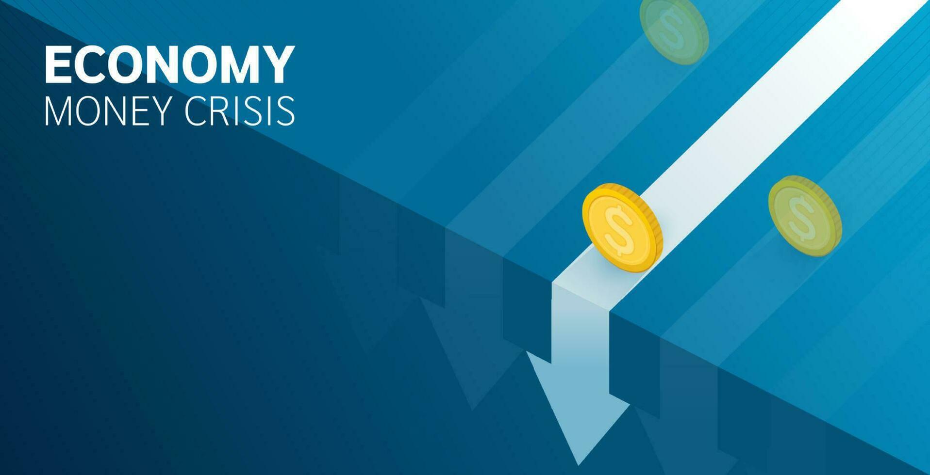 economie geld crisis. financieel instabiliteit, riskant situatie of economisch recessie, crisis of faillissement concept, investeerder vallend van stack van onstabiel geld. pijl grafieken vallen omlaag. vector ontwerp.