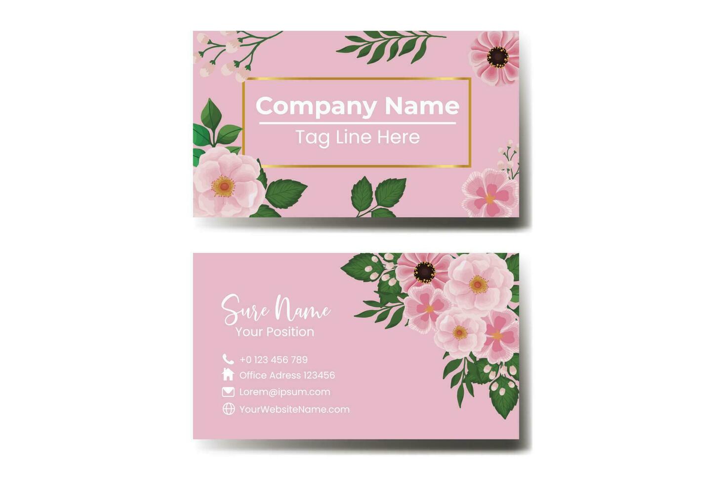 bedrijf kaart sjabloon roze bloem .dubbelzijdig blauw kleuren. vlak ontwerp vector illustratie. schrijfbehoeften ontwerp