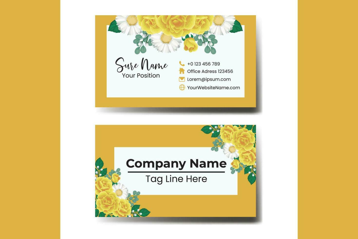 bedrijf kaart sjabloon geel roos bloem .dubbelzijdig blauw kleuren. vlak ontwerp vector illustratie. schrijfbehoeften ontwerp