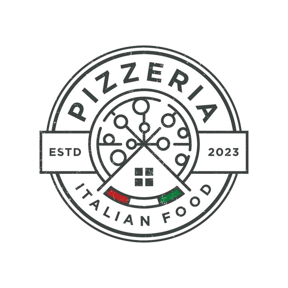 pizza huis logo en Italiaans vlag kleur vector wijnoogst stijl .etiket postzegel insigne embleem logo ontwerp vector. smakelijk pizza huis etiket icoon concept logo sjabloon