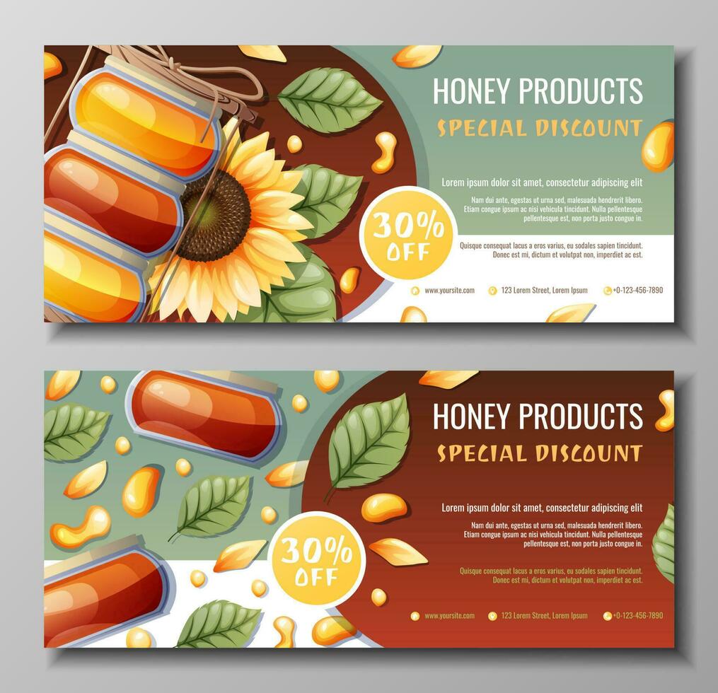 reeks van banners met honing producten. korting coupon voor honing winkel. bank van honing, bijen, zonnebloem. natuurlijk nuttig producten. zoet toetje.vector illustratie vector