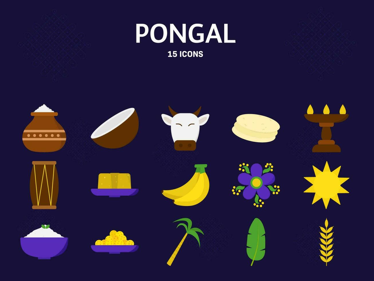 kleurrijk pongal icoon of symbool reeks tegen Purper achtergrond. vector