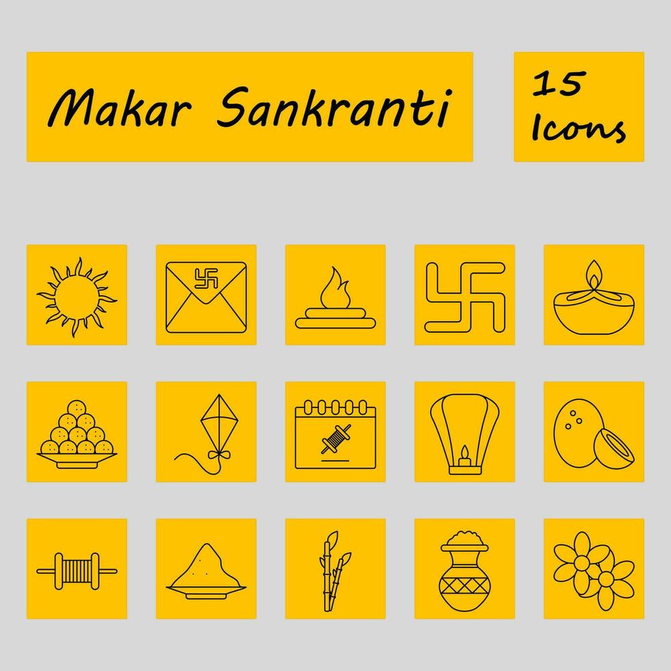 geïsoleerd 15 makar sankranti icoon reeks in geel plein achtergrond. vector