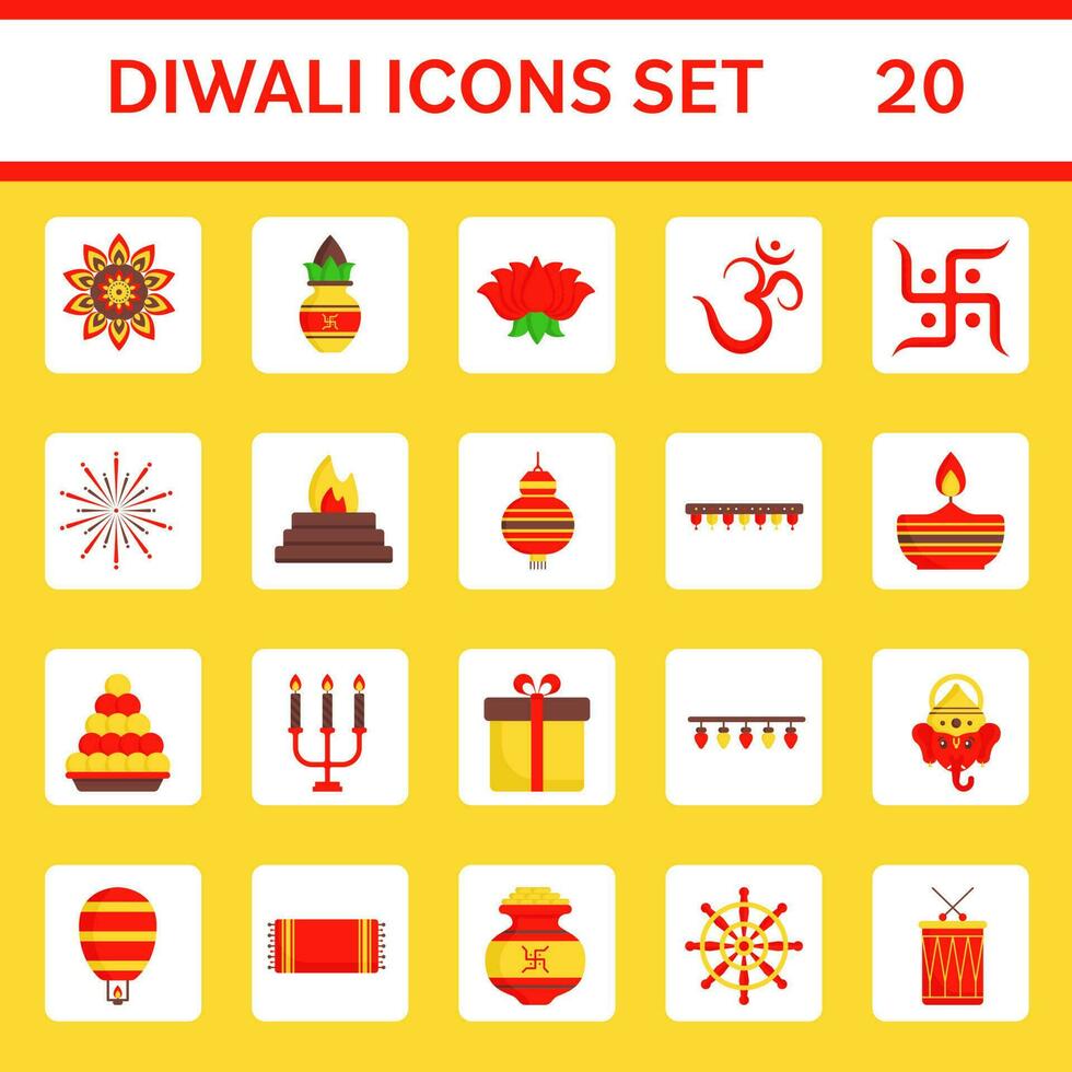 illustratie van diwali-20 pictogrammen reeks Aan geel achtergrond. vector