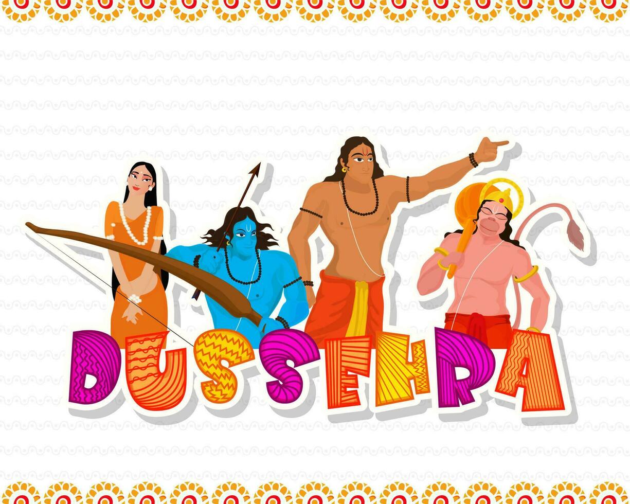 dussehra festival concept met karakter illustraties van Hindoe mythologisch god rama, laxmana, Hanuman en godin sita en ruimte voor uw bericht. vector