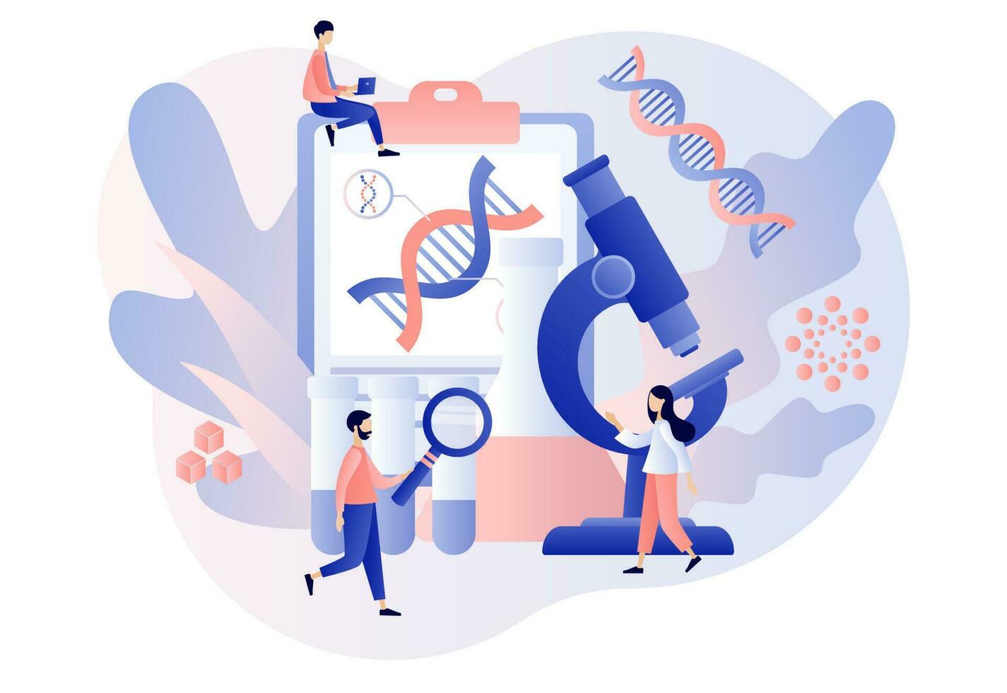 biotechnologie concept. wetenschap, laboratorium Onderzoek, genetisch testen, chemisch, ggo, bio-engineering en organisme. klein mensen studie dna gebruik microscoop. modern vlak tekenfilm stijl. vector illustratie