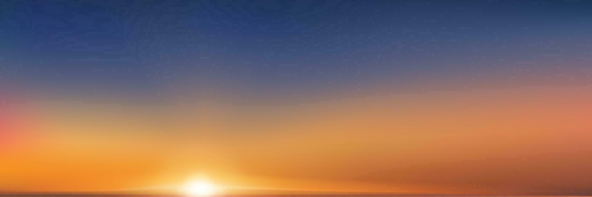 zomer zonsondergang lucht door de zee met reflectie, zonsopgang met oranje, geel, blauw; lucht, natuur landschap gouden uur met schemering schemer lucht in avond na zon dageraad, vector horizontaal banier zonlicht