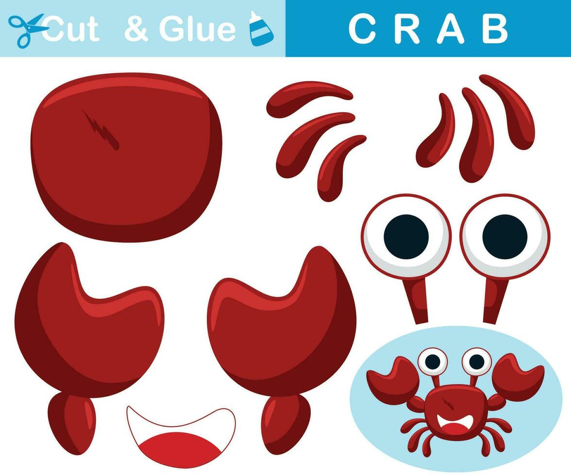 grappig rood krab. onderwijs papier spel voor kinderen. uitknippen en lijmen. vector tekenfilm illustratie