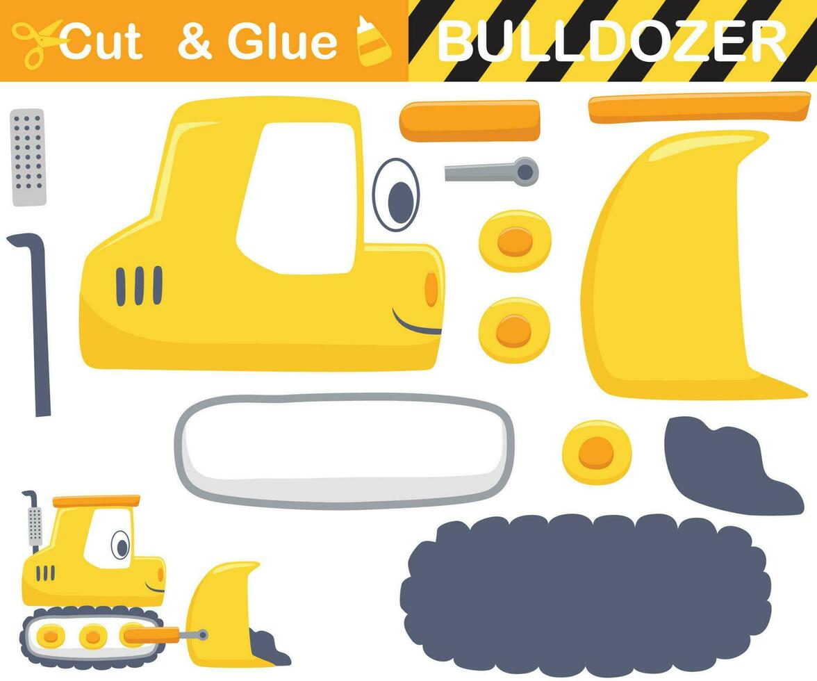 grappig geel bulldozer. onderwijs papier spel voor kinderen. uitknippen en lijmen. vector tekenfilm illustratie