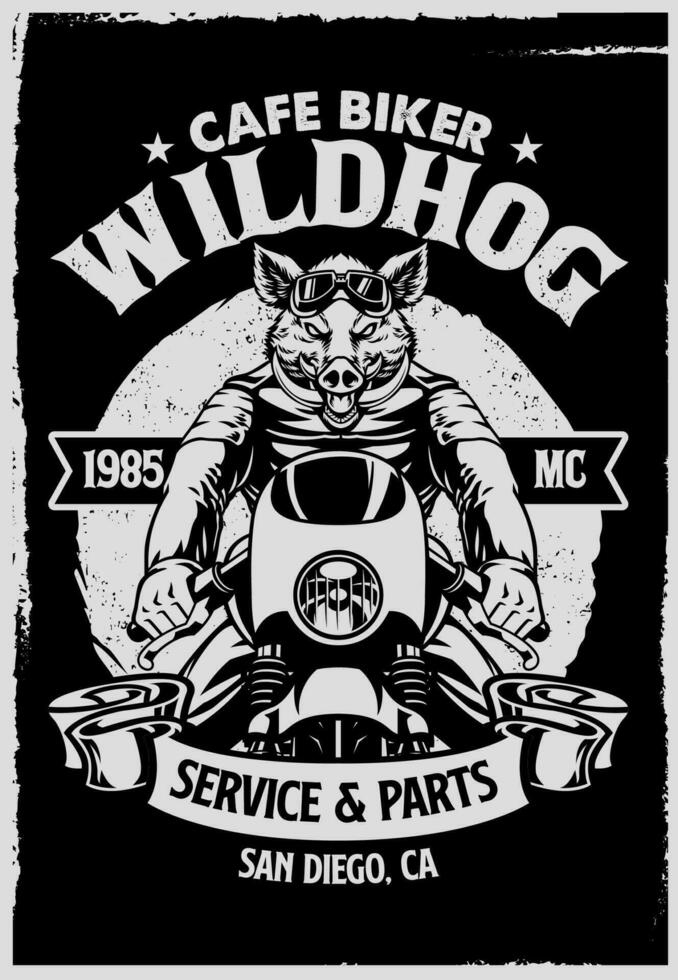 zwart en wit t-shirt ontwerp van wild zwijn motorfiets ruiters vector