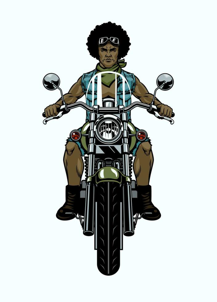 zwart Mens afro haar- fietser rijden motorfiets voorkant hoek vector