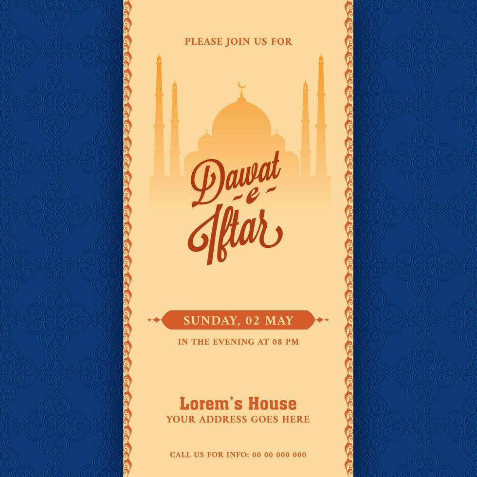 dawat-e-iftar uitnodiging kaart met silhouet moskee en evenement details in oranje en blauw kleur. vector