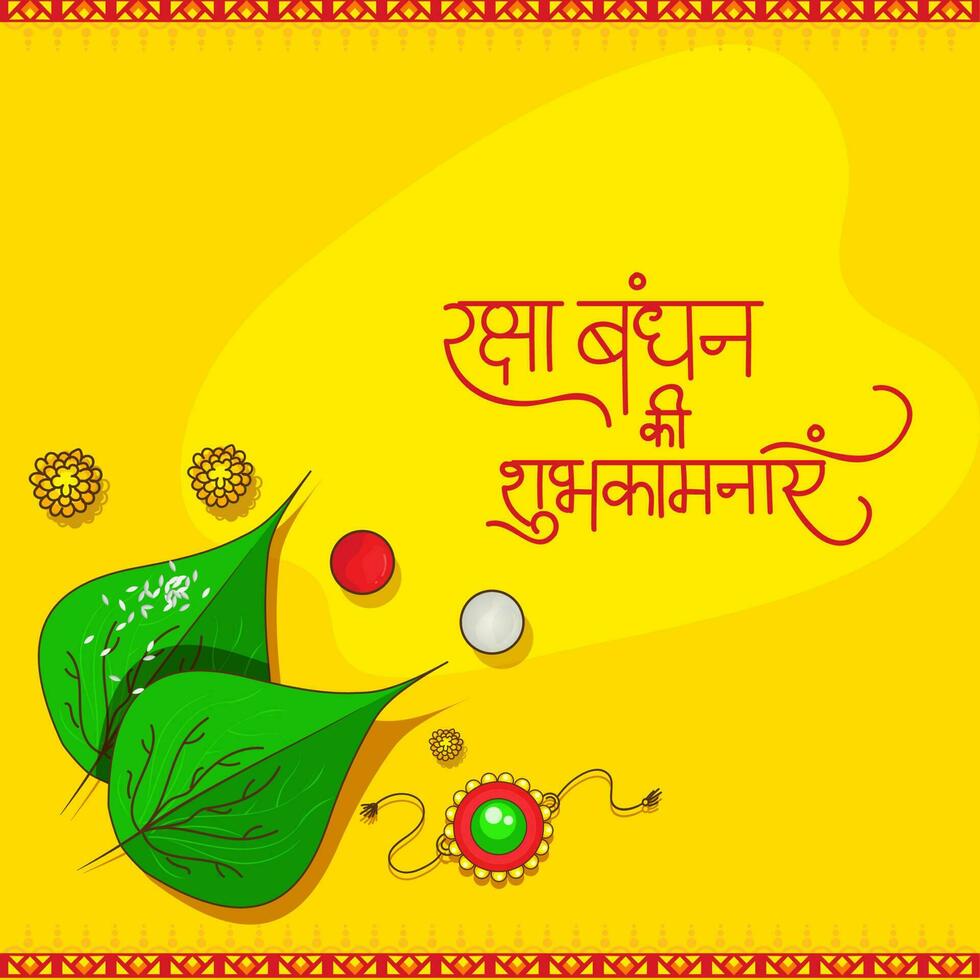 Hindi belettering van gelukkig raksha bandhan met top visie van polsbandje, betel bladeren, rijst, vermiljoen, bloemen Aan geel achtergrond. vector