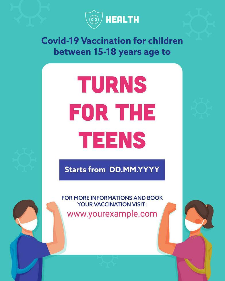 reclame poster of sjabloon van covid-19 vaccin beschikbaar voor kinderen tussen 15-18 jaar leeftijd met tiener- jongen en meisje slijtage veiligheid masker. vector