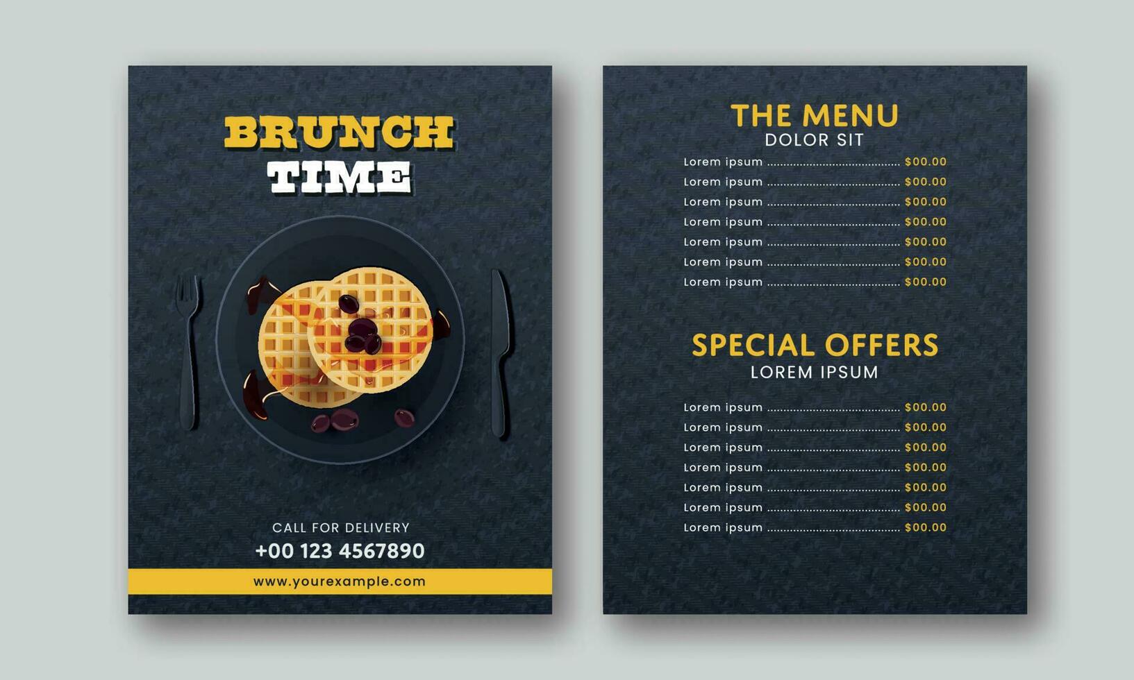 brunch tijd menu kaart Sjablonen met dubbelzijdig in donker grijs kleur. vector