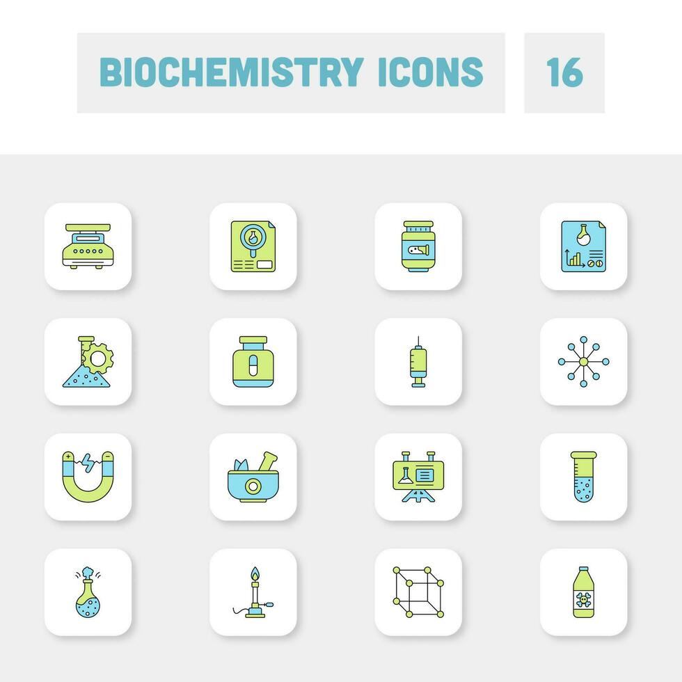 vlak stijl biochemie groen en blauw icoon reeks Aan wit plein achtergrond. vector