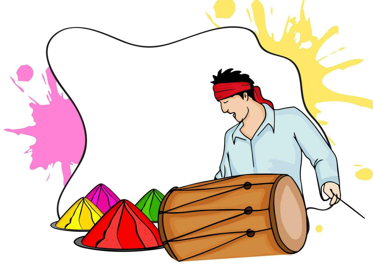 Indisch festival van kleuren, holi concept met Indisch Mens Aan traditioneel drums en droge kleuren en ruimte voor uw tekst. vector