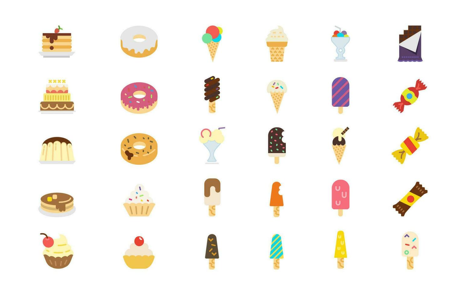 allemaal de types van ijs room en kop cakes en donut icoon set, vlak pictogrammen, vector eps