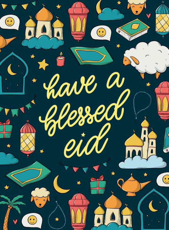 Islamitisch groet kaart, poster, afdrukken ontwerp versierd met belettering citaat 'hebben een gezegend eid' en krabbels. eps 10 vector