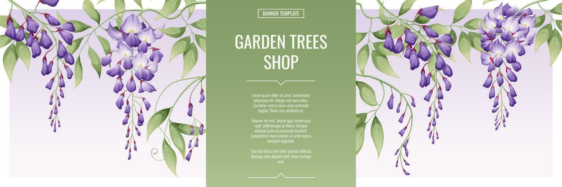 banier met Purper blauweregen. winkel voor bloemen en tuin planten. affiche, sjabloon, omslag, web banier voor Product reclame. vector