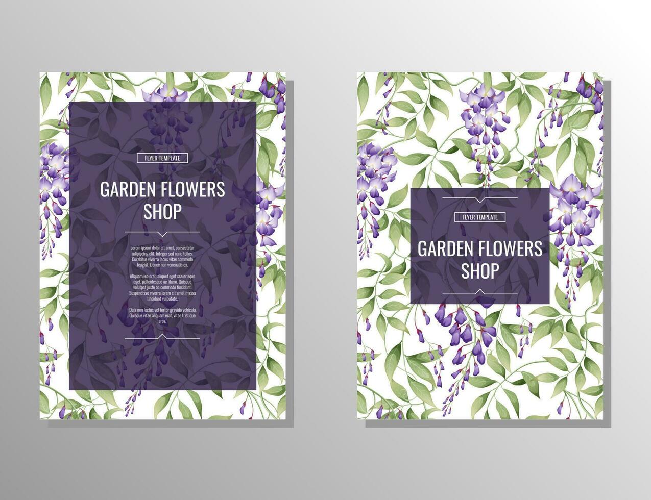 folder reeks met Purper blauweregen. bloem en tuin winkel. banier, poster, brochure, omslag, sjabloon, uitnodiging a4 grootte voor bedrijf vector