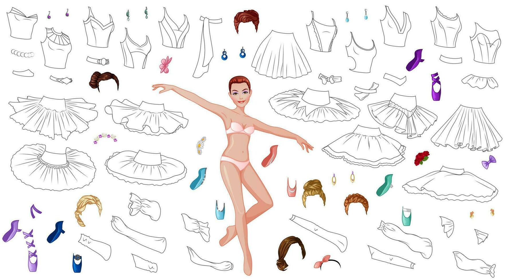 ballerina kleur papier pop met tutu's, toppen, kapsels en punten. vector illustratie