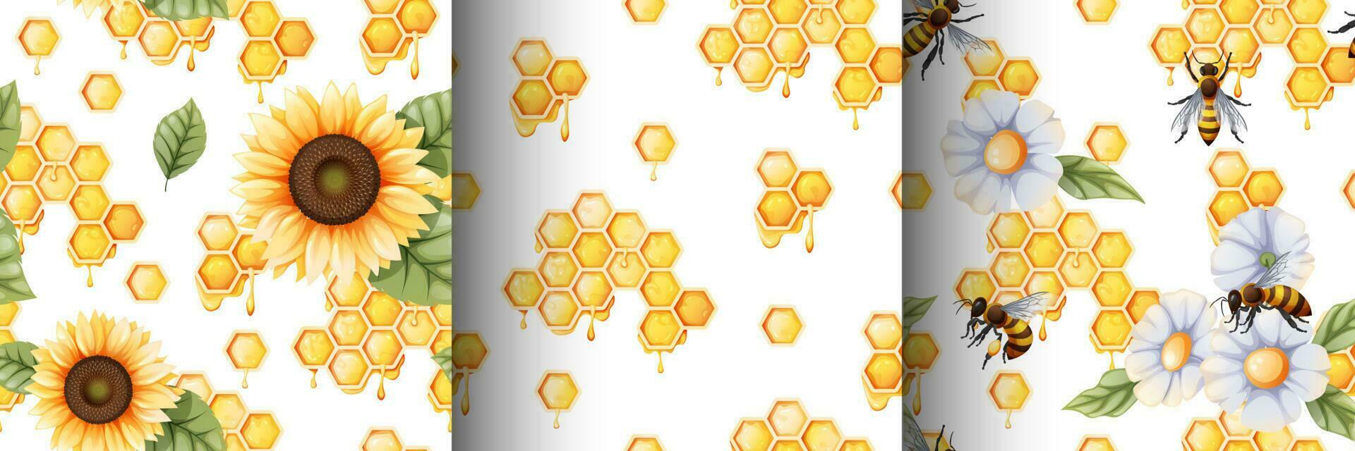 reeks van naadloos patronen met honingraat, bijen, zonnebloem, bladeren, honing.geschikt voor textiel, papier, achtergronden, decor vector