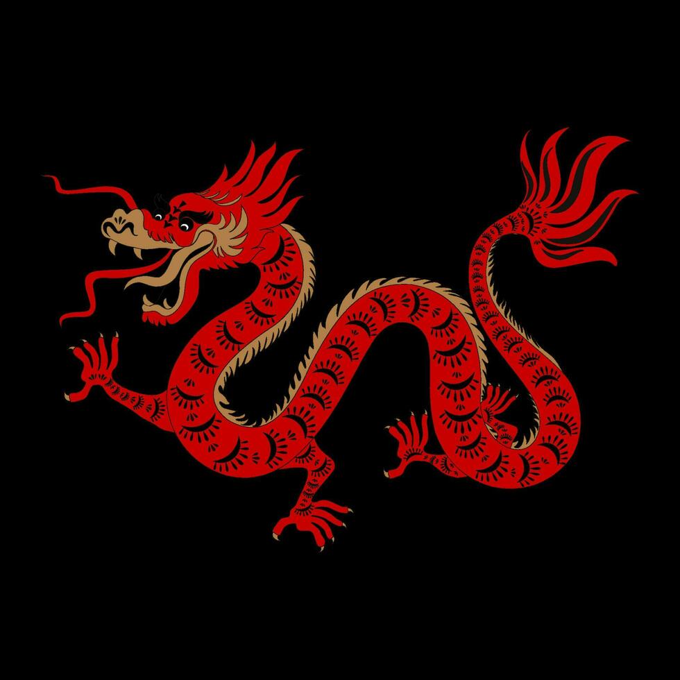 draak, Chinese nieuw jaar 2024, traditioneel ruggegraten dierenriem rood en goud draak karakter Aan zwart achtergrond, vector elementen voor uitnodiging kaart, poster, banier achtergrond