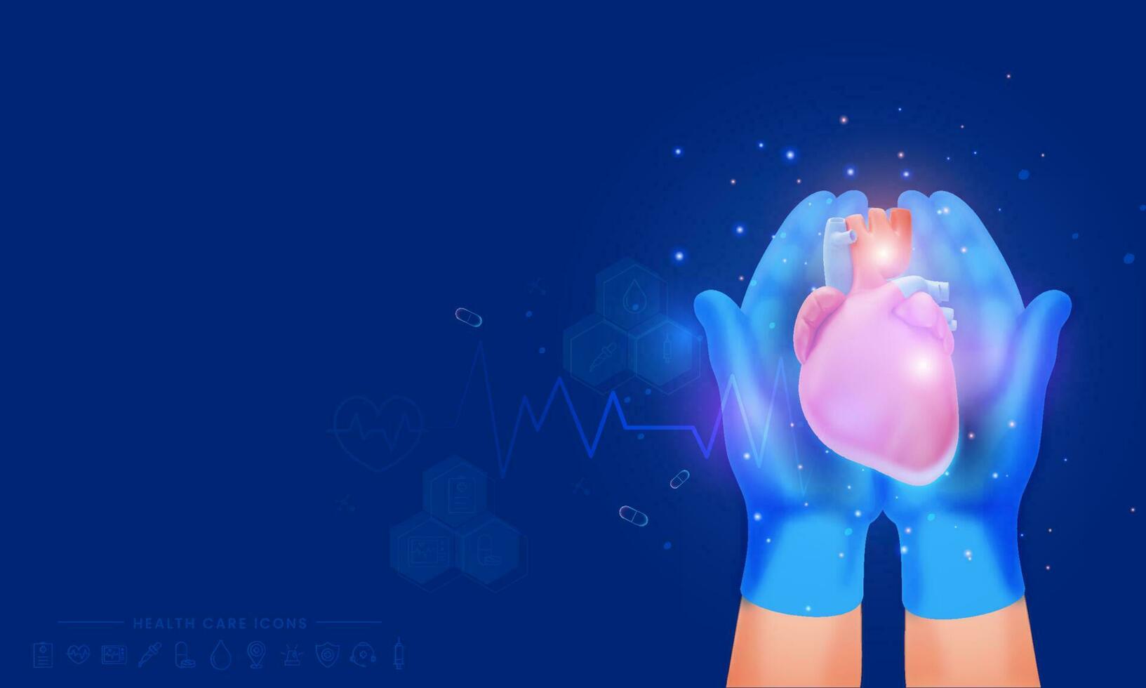 ai medisch concept met menselijk hart beschermd door medisch representatief of dokter, reddingslijn, futuristische medisch concept. neon verlichting Aan blauw achtergrond. vector