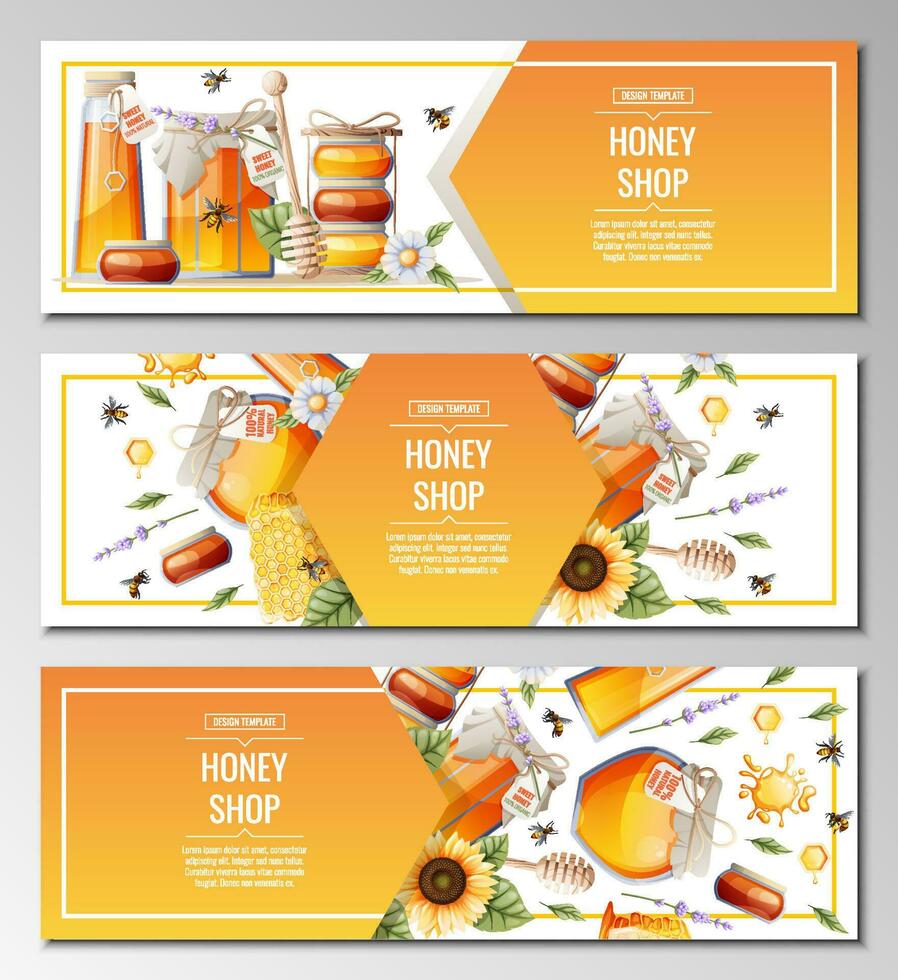 reeks van banier Sjablonen met honing producten. honing winkel.illustratie van een pot van honing, honingraten, bijen, bloemen. ontwerp voor label, folder, poster, reclame. vector