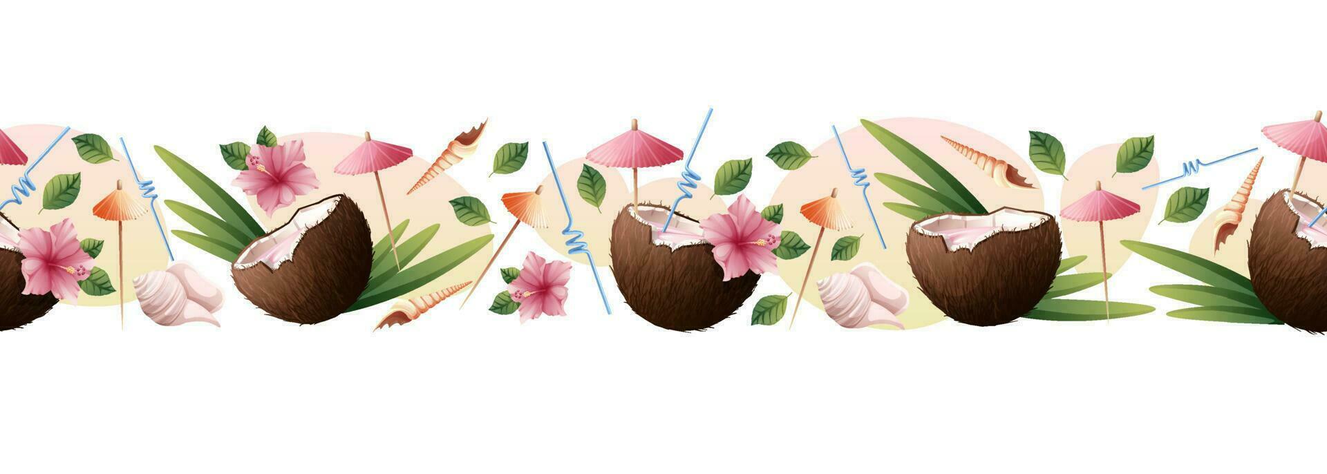 naadloos grens met kokosnoot cocktail, hibiscus bloemen, paraplu's. strand illustratie, verfrissend zomer drankjes. vector