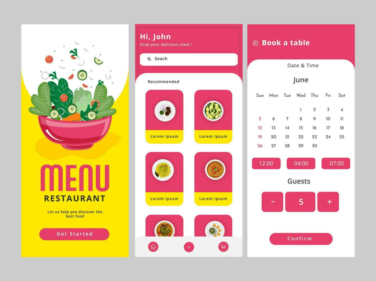 reeks van mobiel app ui, ux, gui schermen inclusief krijgen begonnen, boek tafel sjabloon voor restaurant menu kaart. vector