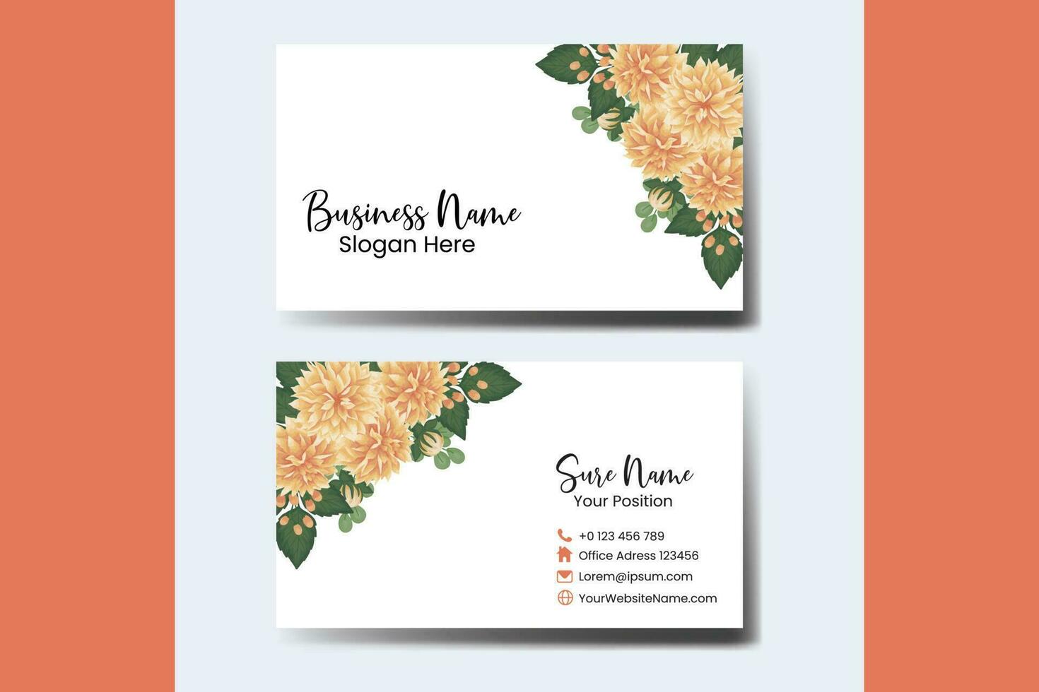bedrijf kaart sjabloon oranje dahlia bloem .dubbelzijdig oranje kleuren. vlak ontwerp vector illustratie. schrijfbehoeften ontwerp