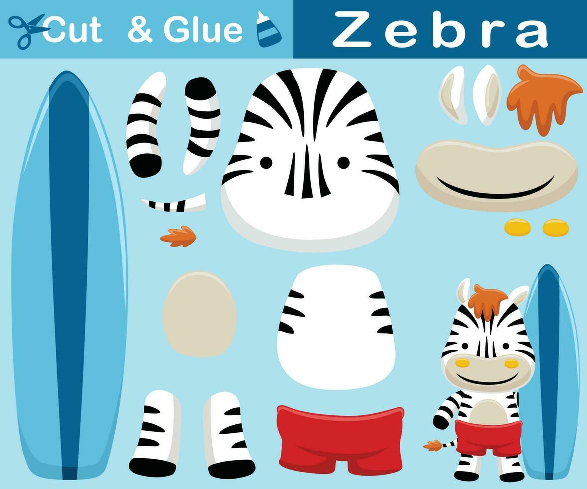 grappig zebra met surfplank. onderwijs papier spel voor kinderen. uitknippen en lijmen. vector tekenfilm illustratie