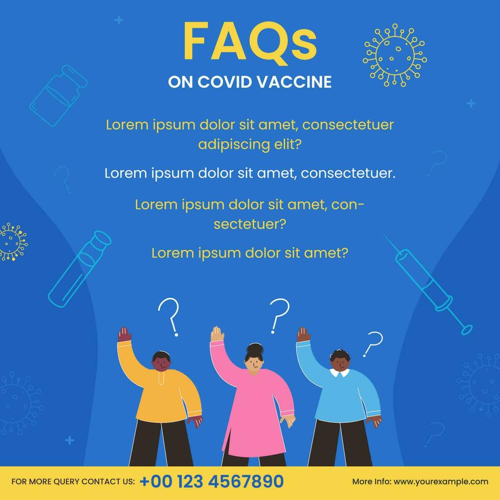 veelgestelde vragen Aan covid vaccin gebaseerd poster ontwerp met tekenfilm mensen karakter Aan blauw achtergrond. vector