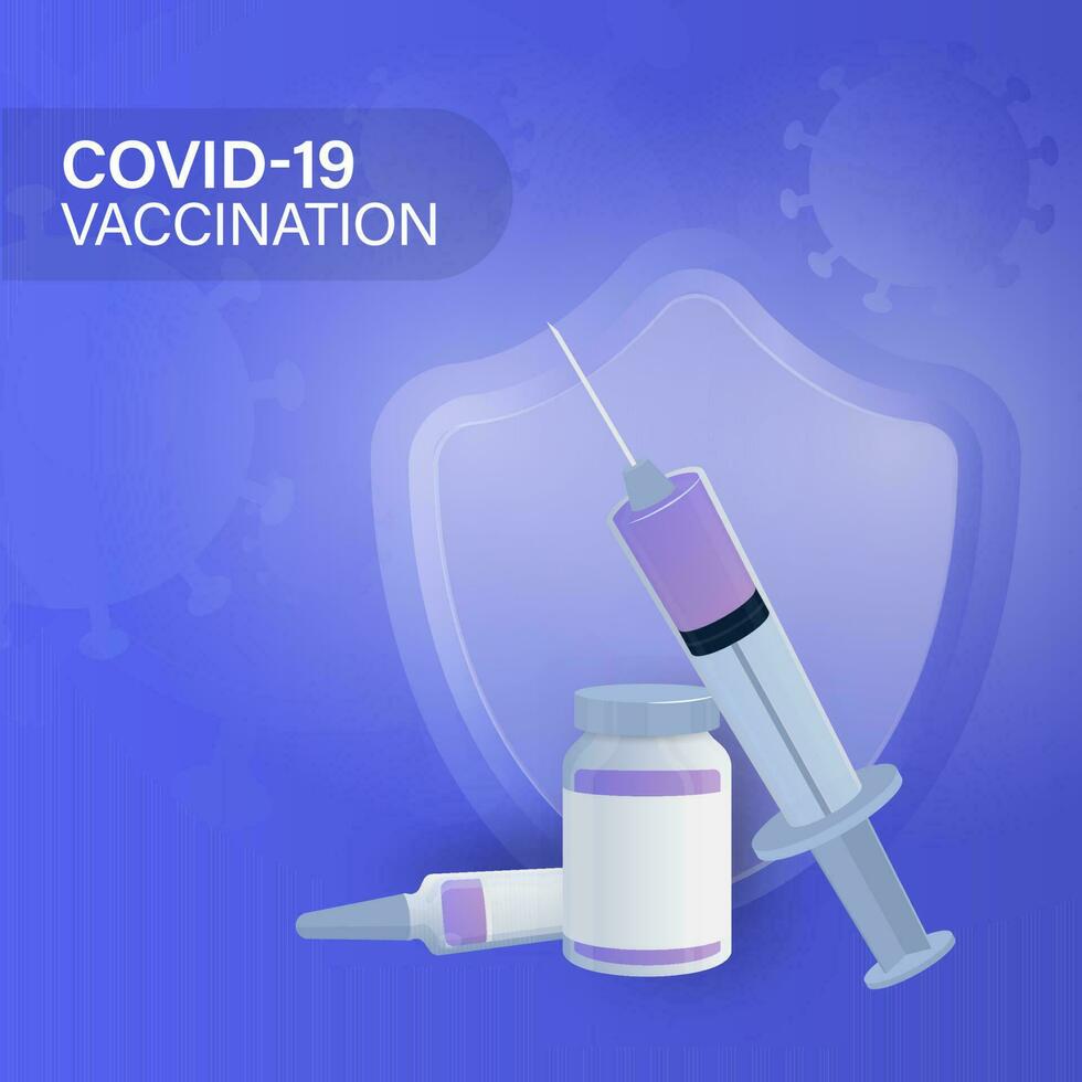 covid-19 vaccinatie concept met vaccin flessen, injectiespuit injectie en veiligheid schild Aan blauw achtergrond. vector