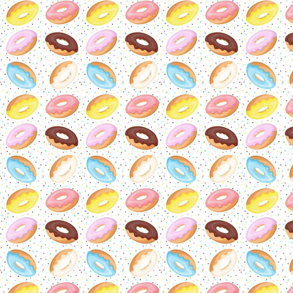 kleurrijk geglazuurd donut naadloos patroon. zoet verjaardag gebakje. banketbakkerij nagerecht. voor menu ontwerp, café decoratie, levering doos, textiel, behang, stof, decor. vector illustratie in vlak stijl