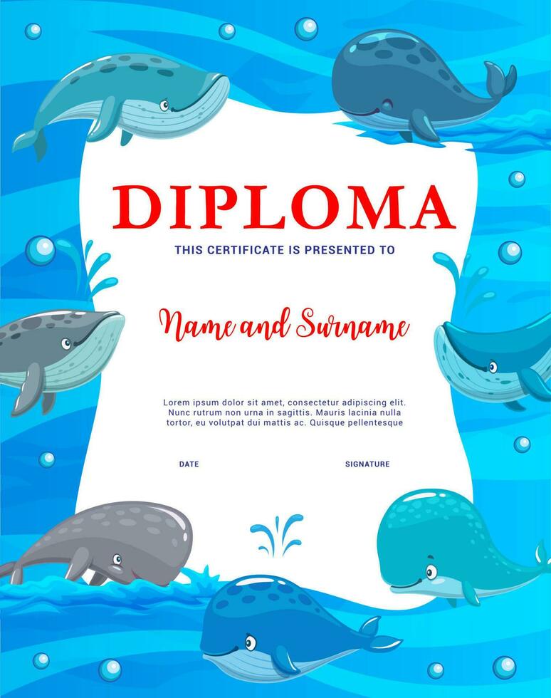 kinderen diploma, tekenfilm schatjes, blauw sperma walvissen vector