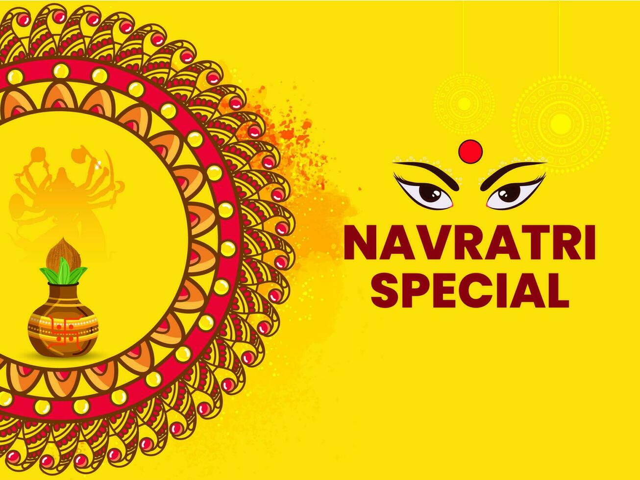 navratri speciaal poster ontwerp met godin durga mama, aanbidden pot Aan geel mandala patroon achtergrond. vector