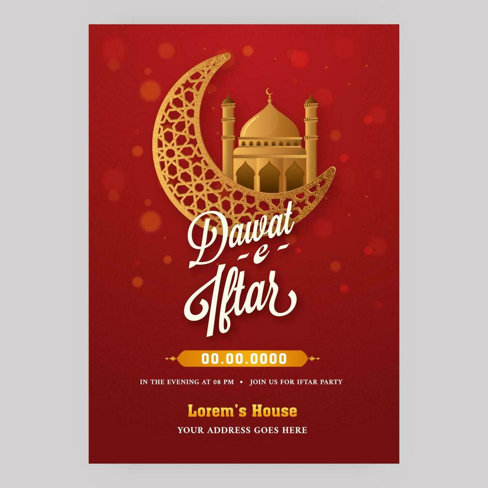 dawat-e-iftar folder ontwerp met gouden halve maan maan en moskee Aan rood achtergrond. vector