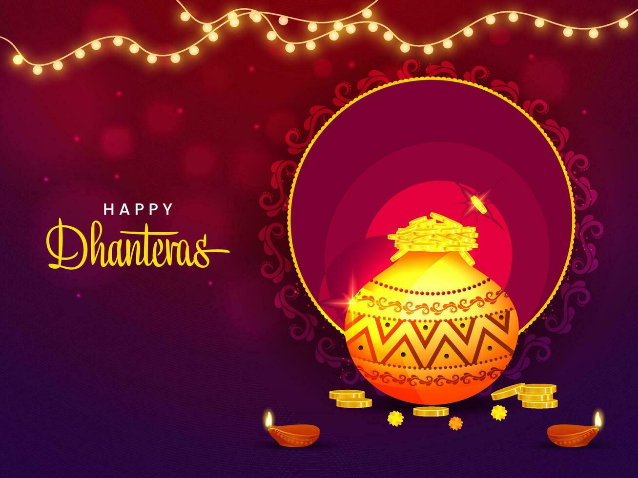 gelukkig dhanteras poster ontwerp met glimmend goud munt pot, lit olie lampen, verlichting slinger Aan rood en Purper bokeh achtergrond. vector