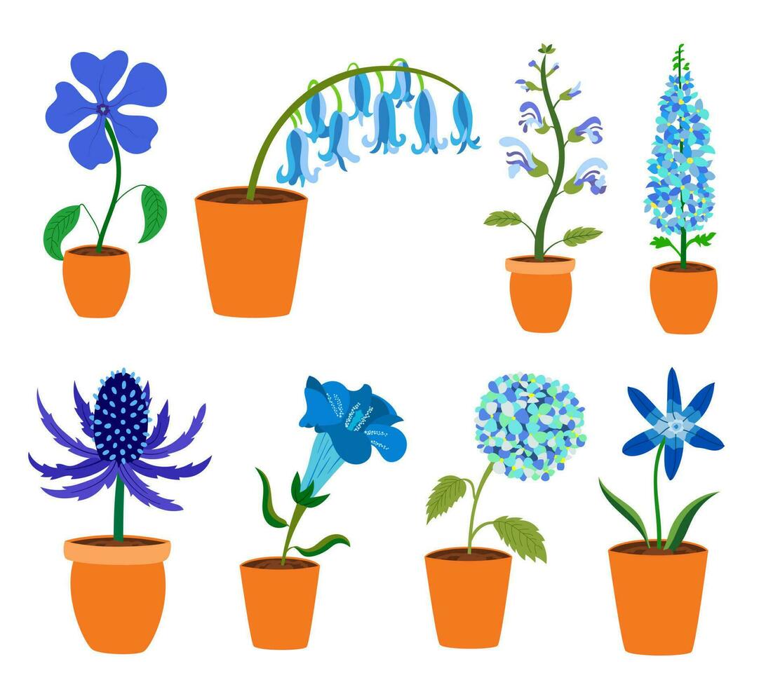 kleurrijk realistisch vlak bloemen in pot set. blauw en Purper kleuren. perfect voor illustraties en natuur onderwijs. vector