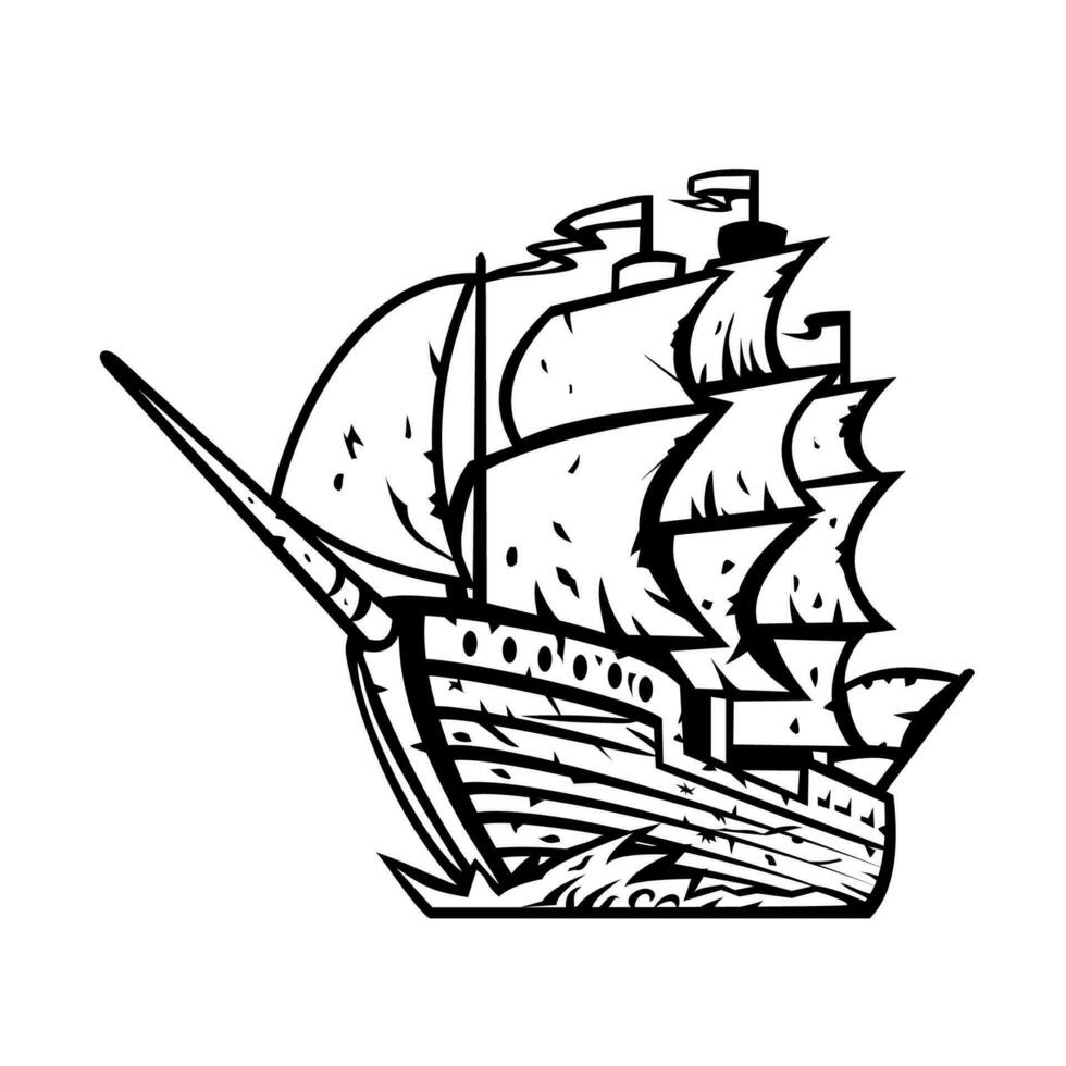 el caleuche de betoverd schip of de geest schip retro houtsnede zwart en wit vector