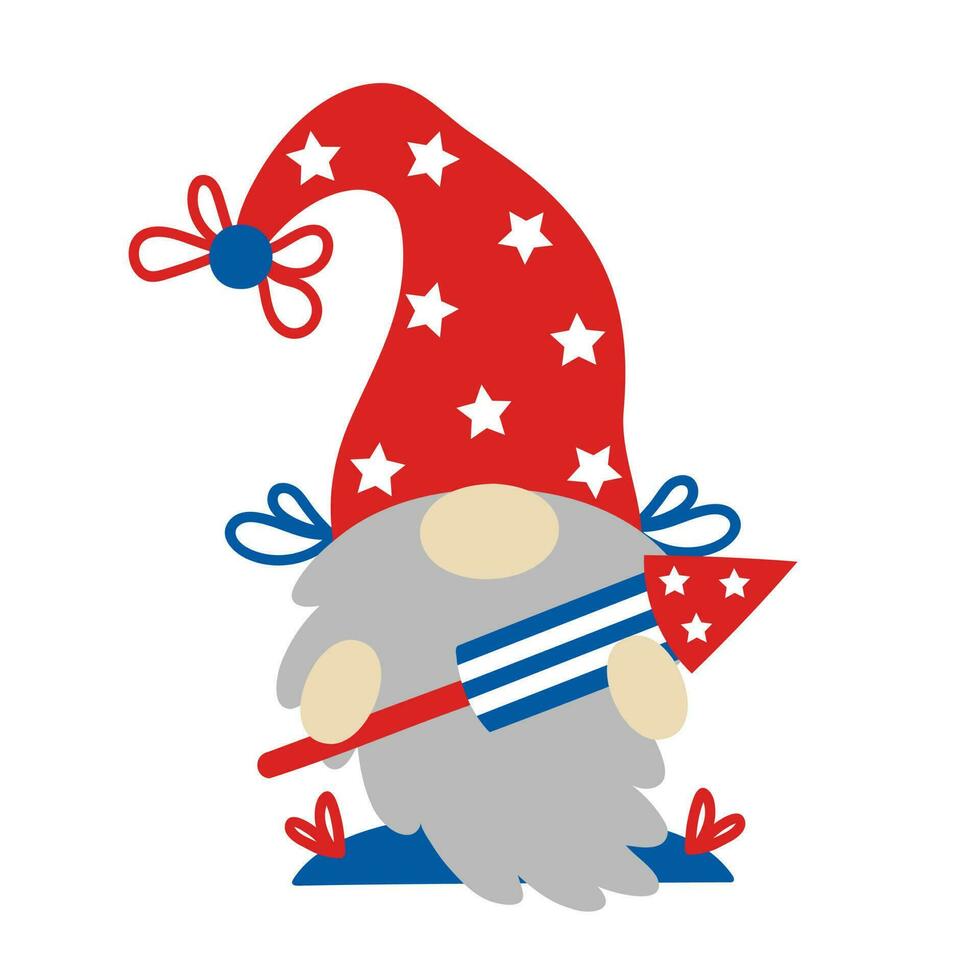 schattig patriottisch gnoom door juli 4e. Amerikaans onafhankelijkheid dag. grijs haar elf met een voetzoeker, vuurwerk. een dwerg in een hoed met sterren, de kleuren van de Verenigde Staten van Amerika vlag. vector clip art geïsoleerd Aan wit