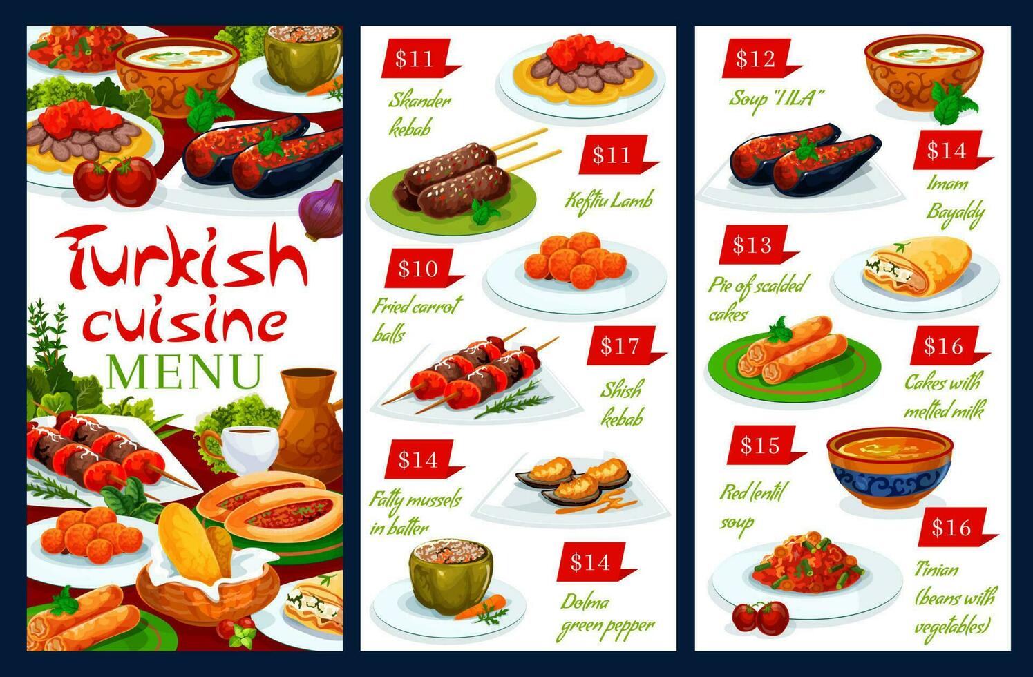 Turks keuken voedsel borden, restaurant menu vector