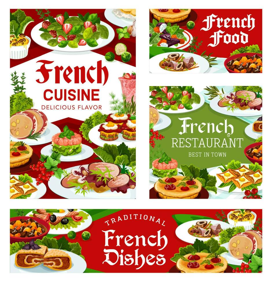 Frankrijk keuken vector Frans maaltijden, gerechten posters