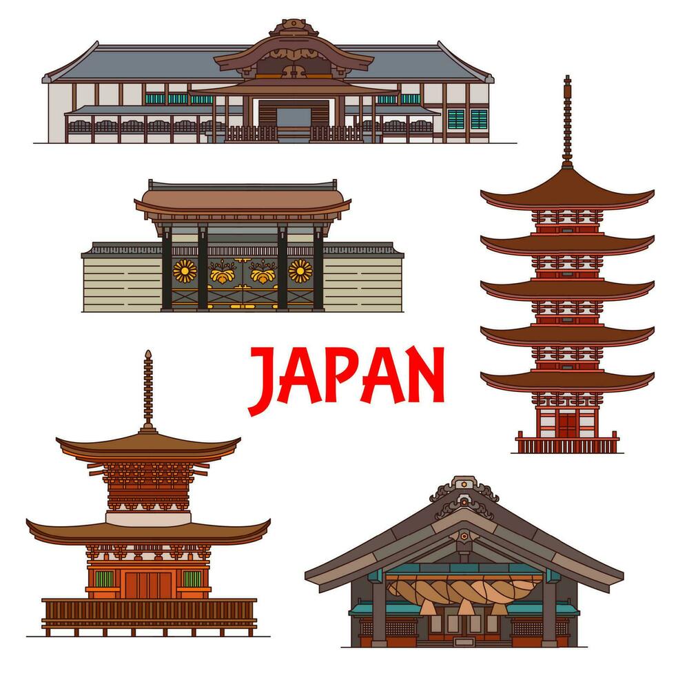 Japans tempels, pagode heiligdommen, Japan gebouwen vector