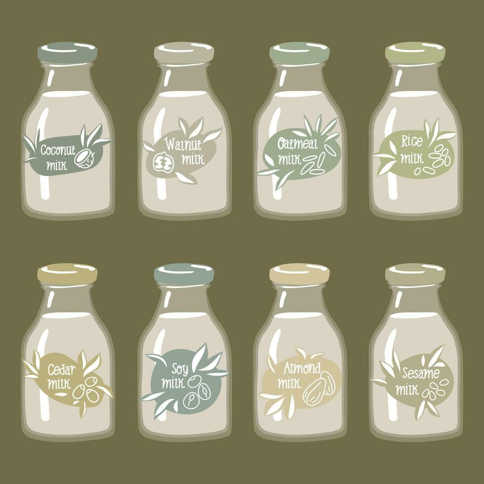 een reeks van etiketten voor groente melk Aan glas flessen. kokosnoot, amandelen, soja, okkernoot, rijst, havermout, enz. vector. een reeks van verschillend types van groente melk - amandel, rijst, kokosnoot, soja. veganistisch vector