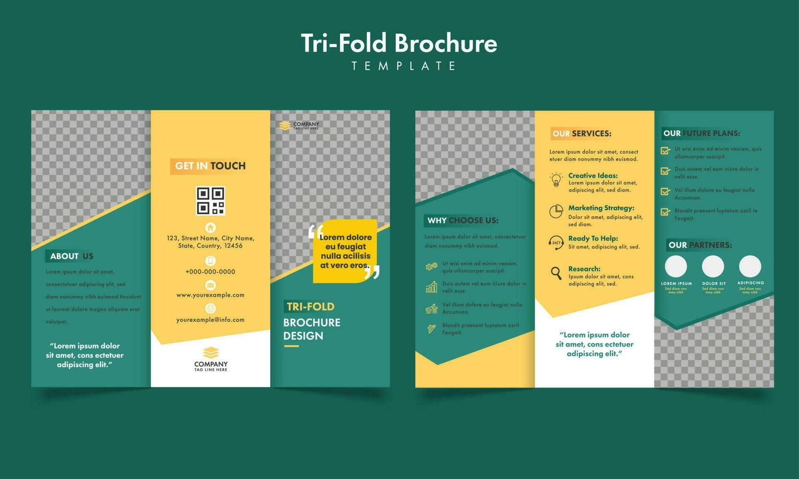 drievoud bedrijf brochure sjabloon ontwerp met dubbelzijdig Aan groen achtergrond. vector