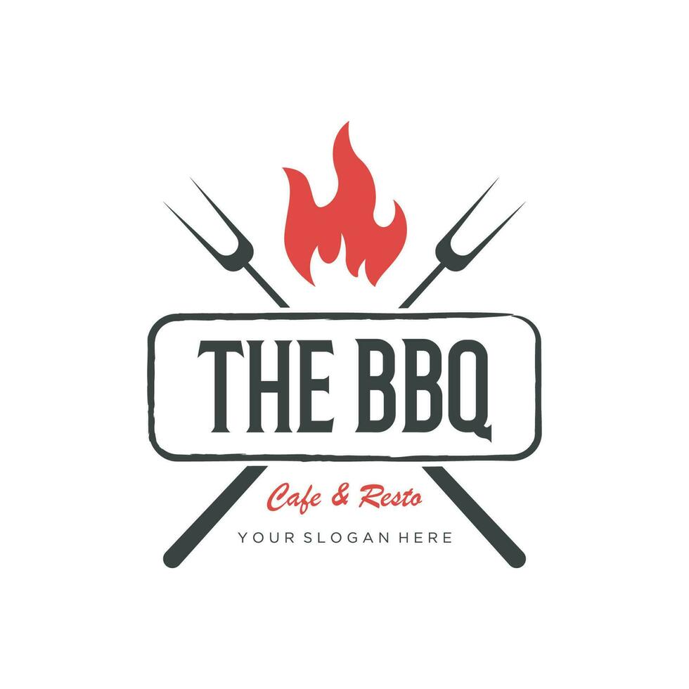 bbq heet rooster wijnoogst typografie logo ontwerp met gekruiste vlammen en spatel. logo voor restaurant, kenteken, café en bar. vector